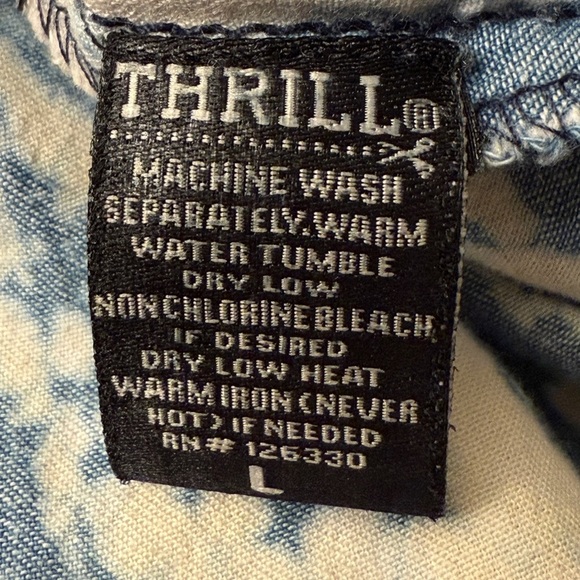 Thrill Jeans Womens High Low Heavily Distressed Button Down Blue Shirt Top Lg. - Picture 11 of 14